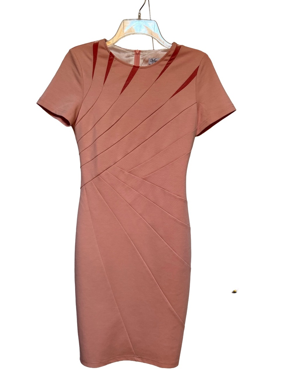 VfEmage Peach Midi Sheath Dress with Diagonal Seams
